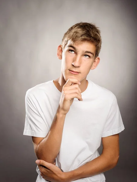 Young Man Thinking Gray Background — Stock Photo, Image