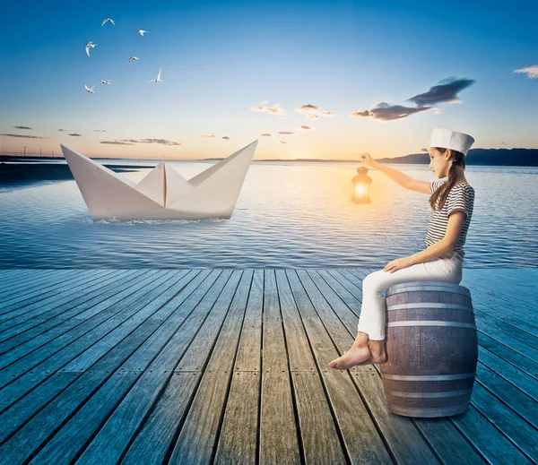 Little Marine Girl Holding Lantern Wharf Night — Stock Photo, Image