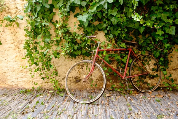 老红色自行车反对老墙壁 — 图库照片
