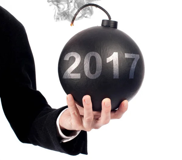 Businessman Hand Holding Old Fashioned Bomb Start Year 2018 Concept — Stock Photo, Image