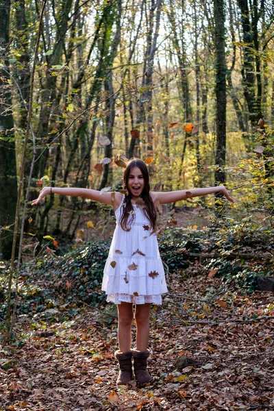 Menina Feliz Jogando Folhas Faia Floresta Outono — Fotografia de Stock