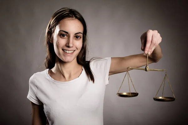 Young Woman Holding Justice Scale Looking Camera — Stock Photo, Image