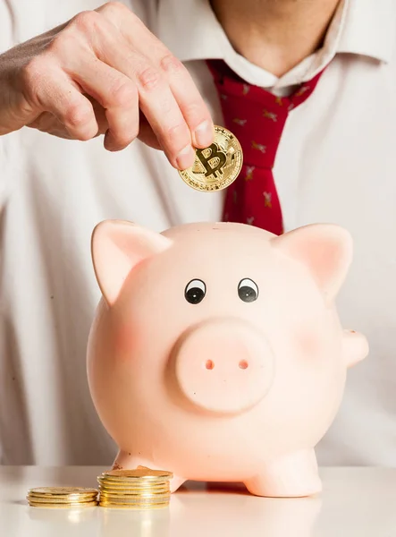 Businessman Putting Bitcoins Piggy Bank Isolated White Background — Stock Photo, Image