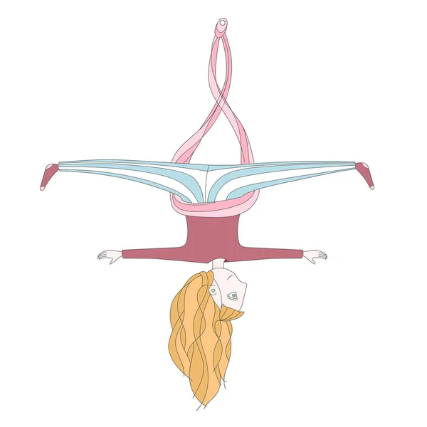 Illustration of a cute girl doing aerial yoga — Stock Vector
