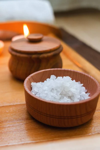 spa accessories. Sea salt in wooden jars. Tools for relaxation. Tools for the aromatherapy