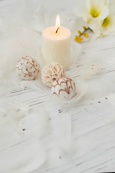 Witte palm kaars met natuurlijke decoratie voor spa — Stockfoto