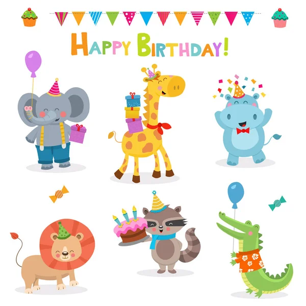 Mignon anniversaire Animal Set — Image vectorielle