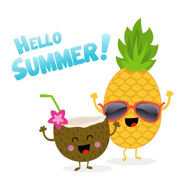 Coconut And Pineapple Celebrating Summer — Stock Vector