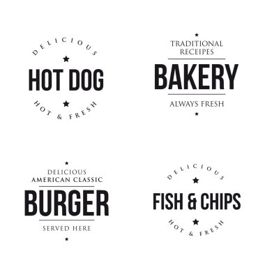 Ekmek, sosisli sandviç, hamburger, Balık ve cips vintage yazı