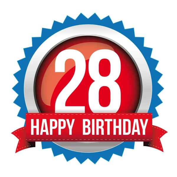 Twenty eight years happy birthday badge ribbon — Stock Vector