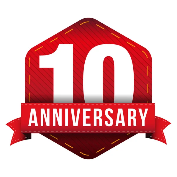 10 年周年記念バッジに赤いリボン — ストックベクタ