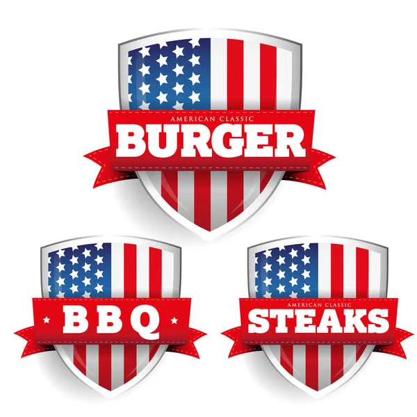 ハンバーガー、ステーキ、バーベキュー アメリカ国旗とヴィンテージ シールド — ストックベクタ