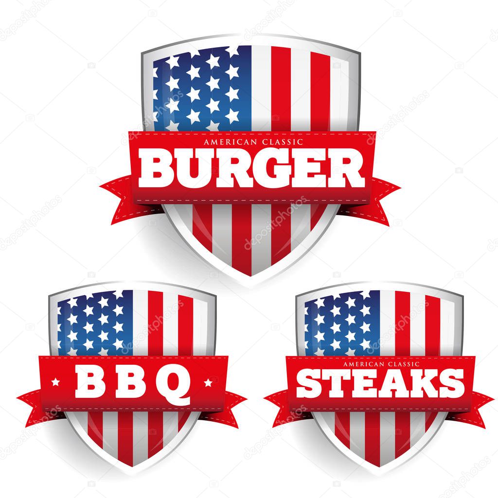 Burger, Steaks, Bbq vintage shield with USA flag vector