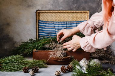 Külahlı ladin dalları koyu bir arka planda bavulda.