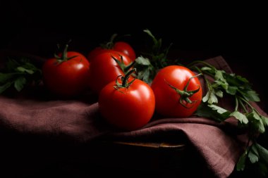 Koyu arkaplanda domatesler, Hollanda tarzı hayat, yakın plan.