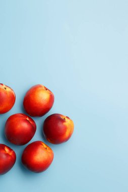 Mavi arka planda birkaç olgun kırmızı nektarin.