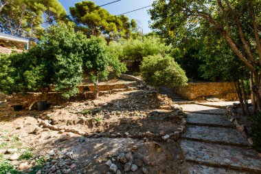 Tossa de Mar 'daki eski kaleye giden yol. İspanya. Yeşil ağaçlar ve taşlı yollar