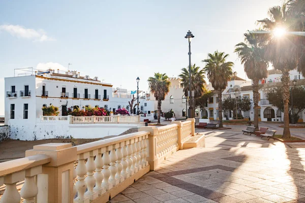 Chipiona Embankment Morning Low Tide Parapet Pavement Foreground People Sun — Stock Photo, Image