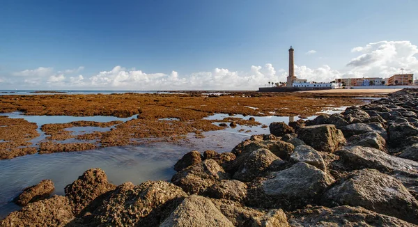 Aterro Chipiona Durante Maré Baixa Manhã Com Quebra Mar Pedra Fotografias De Stock Royalty-Free