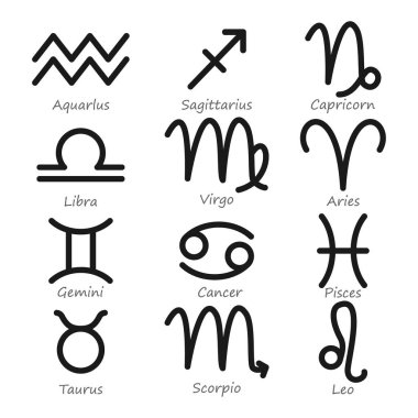 Burç işaretleri ayarlandı, astrolojik burç işaretleri. Zodyak hattının sembolleri stilize edilmiş. Astrolojik takvim koleksiyonu, beyaz arkaplanda izole edilmiş vektör illüstrasyon simgeleri