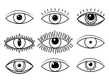 Göz sembolü seti. Esrarengiz mistik amblem. Esrarengiz simya işareti, ilahi görüş, dekoratif stil. Vektör simgesi çizimi izole edildi