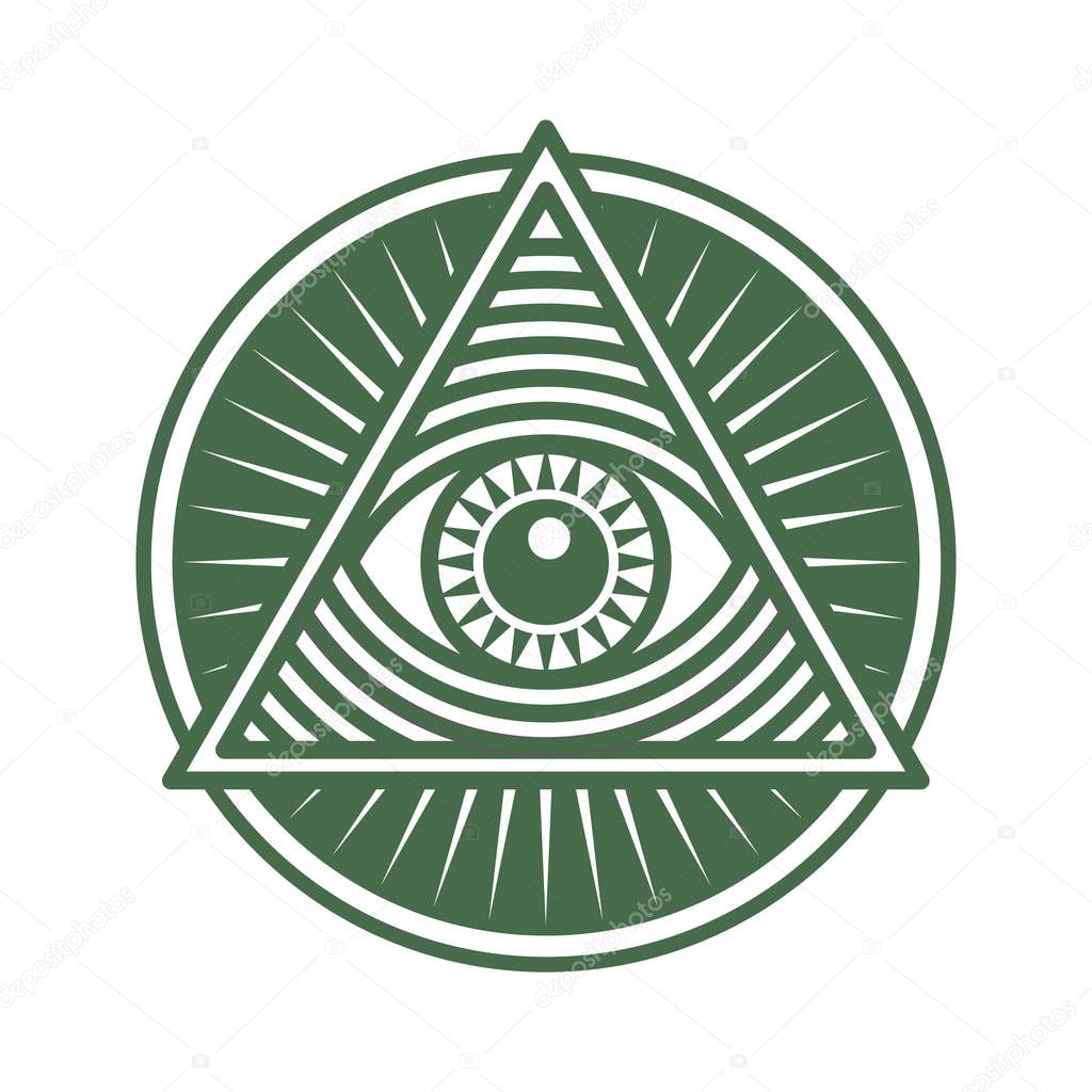 Vector icon human world eye in engraved style. One global color.Illuminati logo, world order symbol all-seeing eye of providence