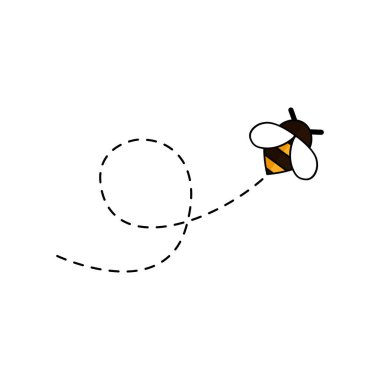 Beyaz arka planda izole edilmiş noktalı bir yolda uçan arı.
