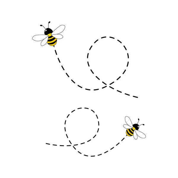 Bee Flying Dotted Route Isolated White Background — 스톡 벡터