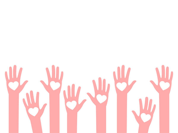 Group of hands with hearts raised to the sky, multi colored hands open up to the top. Volunteering hands, modern flat vector illustration.