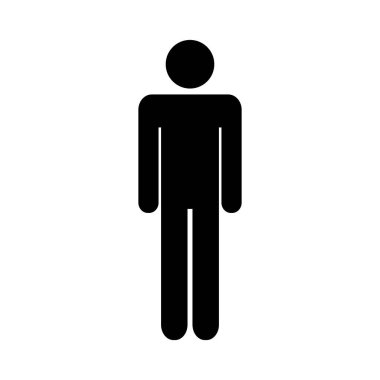 Düz siluet duran adam resmi. Erkek işareti, siluet, sembol, beyaz üzerine izole edilmiş insan vektörü.