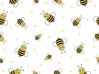 Uçan arılı kusursuz desen. Beyaz arka planda izole edilmiş siyah ve sarı renkli vektör karikatür. Çizgi filmlerde şirin arılar dikişsiz çizgi deseni çizerler