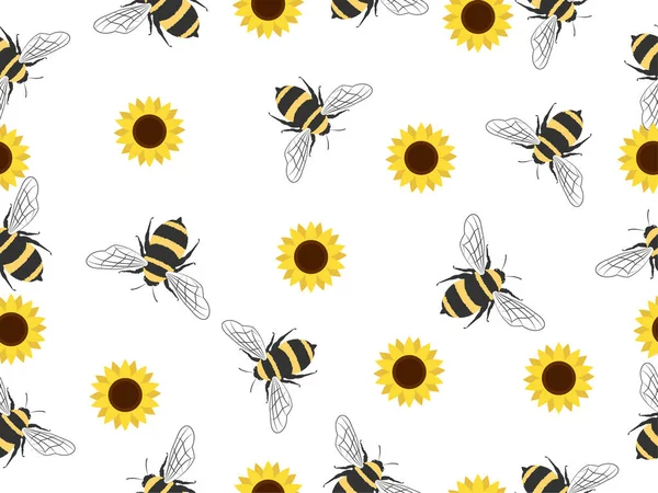空飛ぶ蜂とのシームレスなパターン ベクトル漫画白の背景に隔離された黒と黄色の蜂 漫画の人形かわいい蜂のシームレスなラインパターン — ストックベクタ