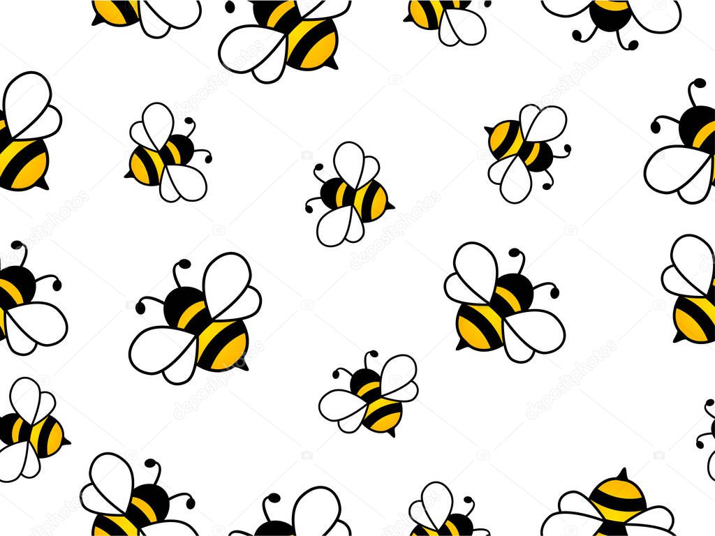 Seamless Pattern with flying bees.Vector Cartoon black and yellow bees isolated on white background. Cartoon doodle cute bees seamless line pattern