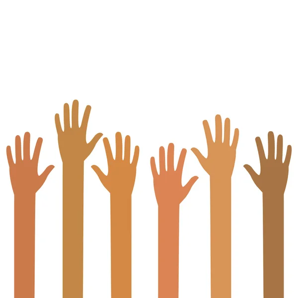 Mãos Erguidas Trabalho Equipa Terminado Mãos Para Cima Coloridas Amizade —  Vetores de Stock