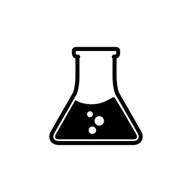 Kimya flack siyah ikonu, maddeler ve baloncuklar. Vektör illüstrasyonu beyaza izole edildi. Bilim, tıp ve biyoloji için laboratuvar ekipmanları.