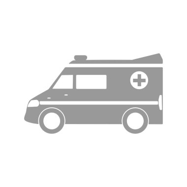 Ambulans acil durum aracı, düz moda araba ikonu. Taşıma sembolü vektör illüstrasyonu beyazda izole edildi. Gri renk tasarımlı otomobil silueti