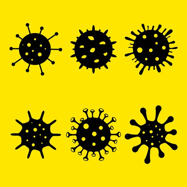 Set Black Virus Icons Coronavirus Icon Isolated Yellow Background Pathogen — Stock Vector