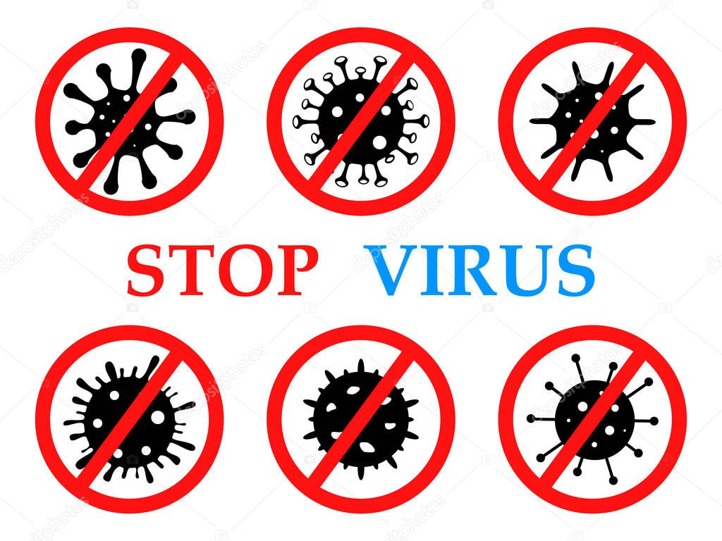Set of sign caution Coronavirus icon, symbol. Microbe, bacterium icon, virus icon in glyph style, corona virus in red circle. Stop virus concept isolated on white.