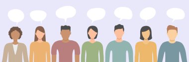 Konuşma baloncukları olan, konuşan, tartışan ve karar veren çok ırklı bir grup insan. Çizgi film karakterleri grup sohbeti. Işık arkaplanında izole edilmiş iletişim vektörü illüstrasyonu