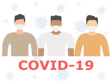 Bir grup çok ırklı kadın ve erkek tıbbi maske takıyor. Hastalık, grip, hava kirliliği, dünya kirliliği, salgın konsepti. Beyaz üzerinde izole edilmiş düz bir şekilde vektör illüstrasyonu