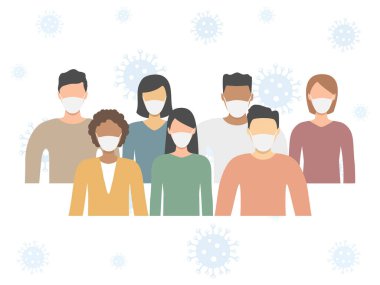 Bir grup çok ırklı kadın ve erkek tıbbi maske takıyor. Hastalık, grip, hava kirliliği, dünya kirliliği, salgın konsepti. Beyaz üzerinde izole edilmiş düz bir şekilde vektör illüstrasyonu