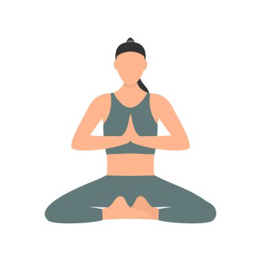 Çizgi filmdeki kız yoga pozunda pratik yapıyor. Genç ve mutlu kadın, beyaz arka planda izole edilmiş vektör çizimi yapıyor.