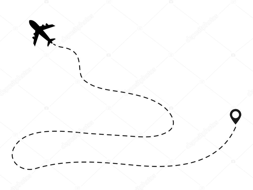 Airplane line path vector icon illustration of air plane flight route with start point and line trace isolated on white background