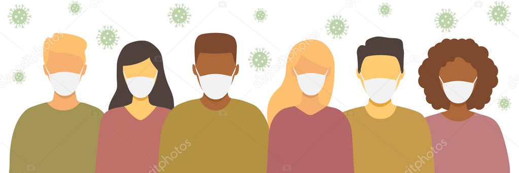 Group of multiethnic men and women wearing medical masks. Disease, flu, contaminated air, world pollution, pandemic concept . Vector illustration in a flat style isolated on white
