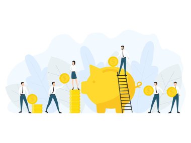 Beyaz arka planda izole edilmiş iş adamı vektör stok çizimi olan büyük bir kumbara. Yöneticiler, işçiler birlikte çalışır ve para biriktirir, finansal hedeflere ulaşmak için para biriktirir.. 
