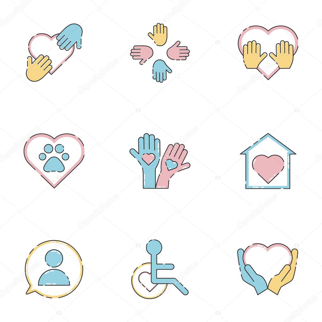 Voluntary, charity, donation set icons. Orphans and animal help, voluntary activity, heart in hands vector stock illustration isolated on white background.