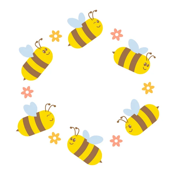 Jolies Abeilles Mellifères Cadre Rond Vecteur Illustration Isolé Sur Fond — Image vectorielle