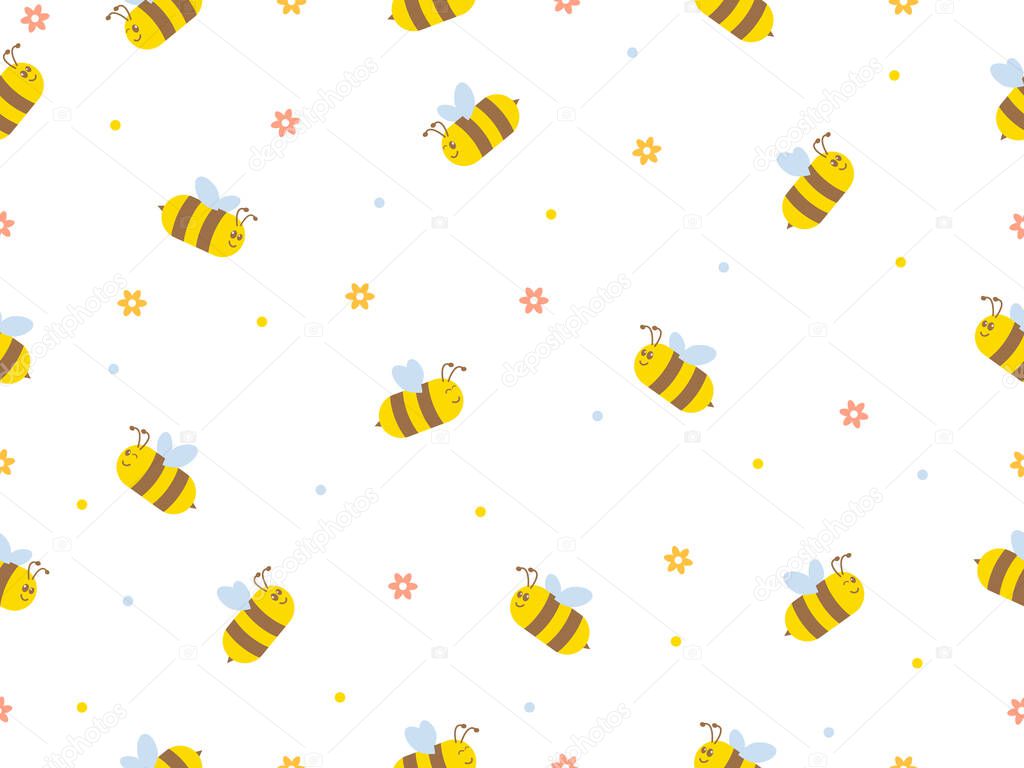 Seamless Pattern with flying bees. Vector Cartoon black and yellow bees isolated on white background. 