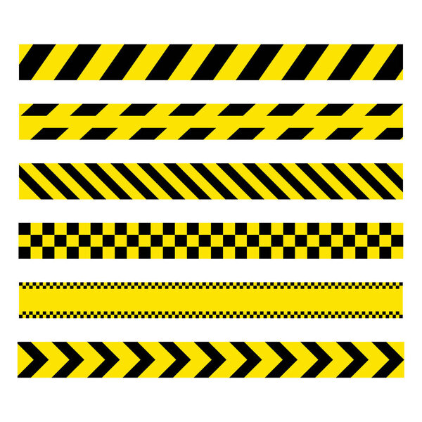 Желтые и черные полосы. Баррикадная строительная лента. Предупреждение полиции и опасная полоса. Векторная иллюстрация на белом фоне
