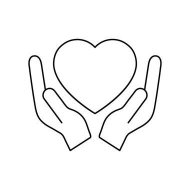 Eldeki kalp simgesi beyaz arka planda izole edilmiş. Gönüllü sembol çizimi. 